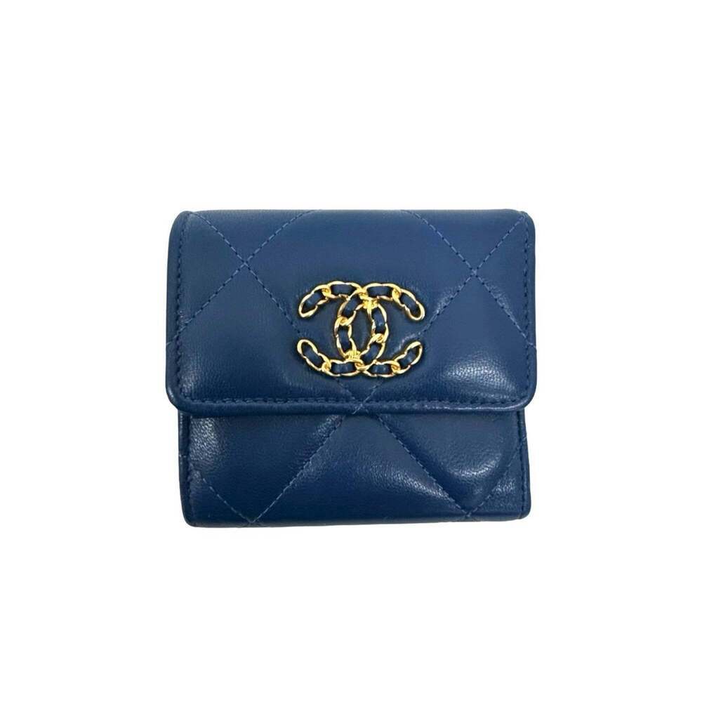 CHANEL Blue Lambskin Leather Logo Wallet